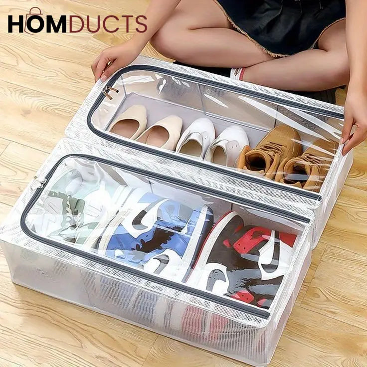 Under Bed Shoe Organizer - Double Sided Zippered Storage Box - Dustproof & Foldable