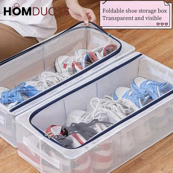 Under Bed Shoe Organizer - Double Sided Zippered Storage Box - Dustproof & Foldable