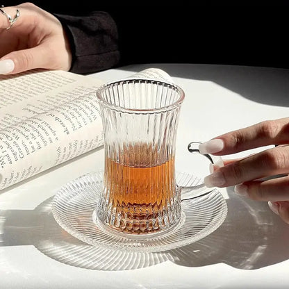 Vintage Clear Glass Tea Cups with Saucers – Elegant Textured Turkish Tea & Espresso Mug Set with Handle (6pcs)