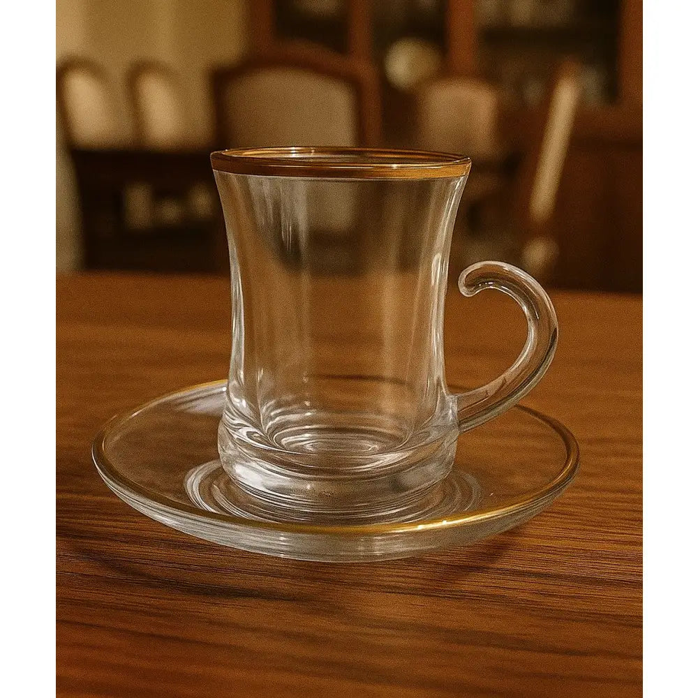 Vintage Clear Glass Tea Cups with Saucers – Elegant Textured Turkish Tea & Espresso Mug Set with Handle (6pcs)