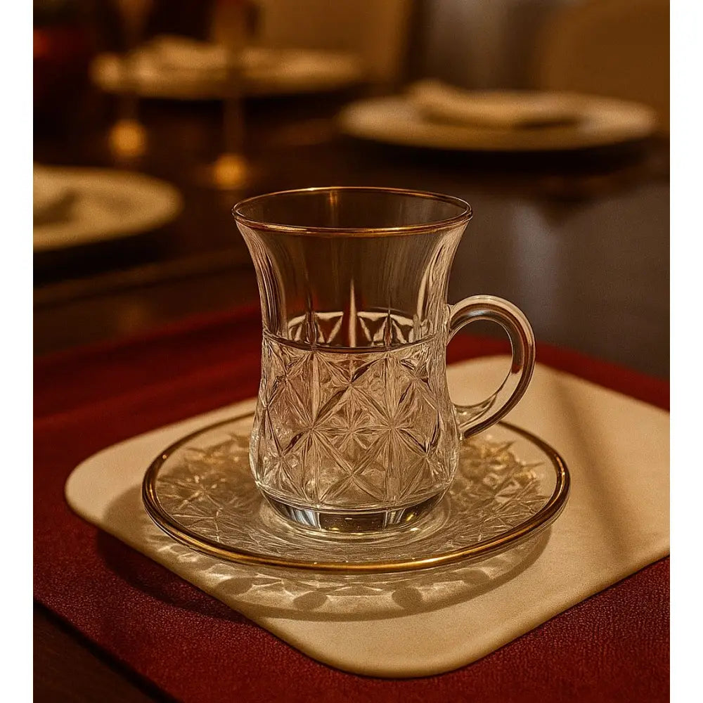 Vintage Clear Glass Tea Cups with Saucers – Elegant Textured Turkish Tea & Espresso Mug Set with Handle (6pcs)