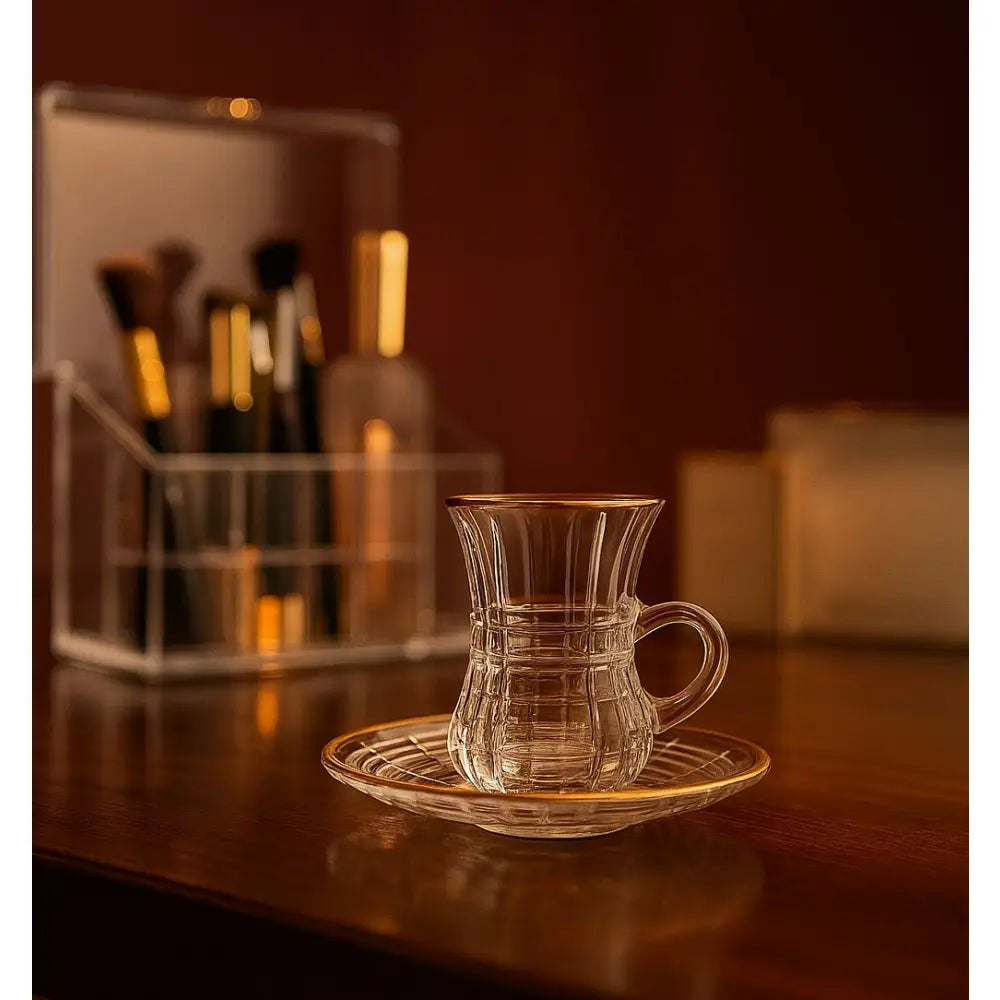 Vintage Clear Glass Tea Cups with Saucers – Elegant Textured Turkish Tea & Espresso Mug Set with Handle (6pcs)