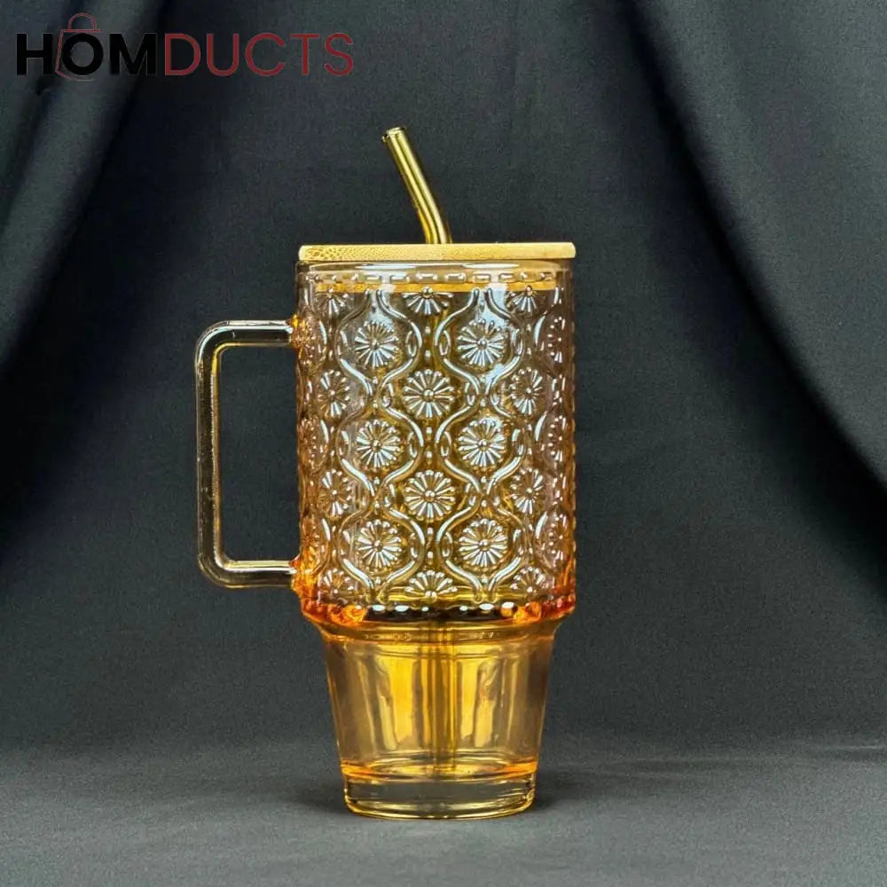Vintage Embossed Glass Cup (600ml) with Bamboo Lid & Straw