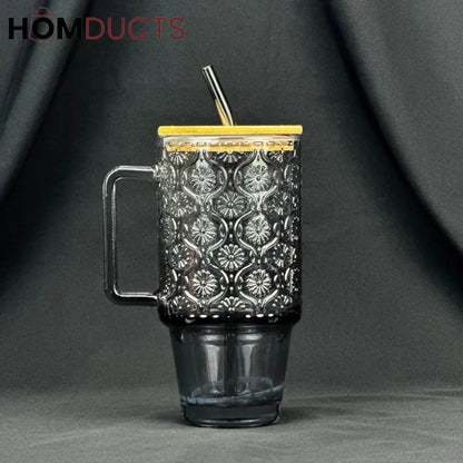 Vintage Embossed Glass Cup (600ml) with Bamboo Lid & Straw
