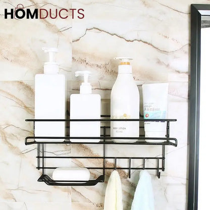 Wall Mounted Shelf With Hooks And Soap Holder
