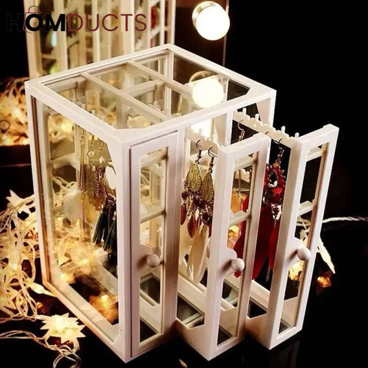 White Glass Jewelry Display Cabinet with Hinged Doors - Earring Showcase Box for Home Decor and Organization