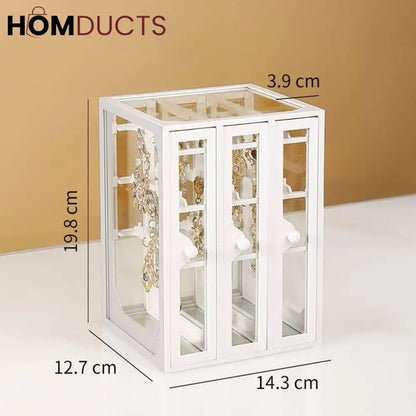 White Glass Jewelry Display Cabinet with Hinged Doors - Earring Showcase Box for Home Decor and Organization