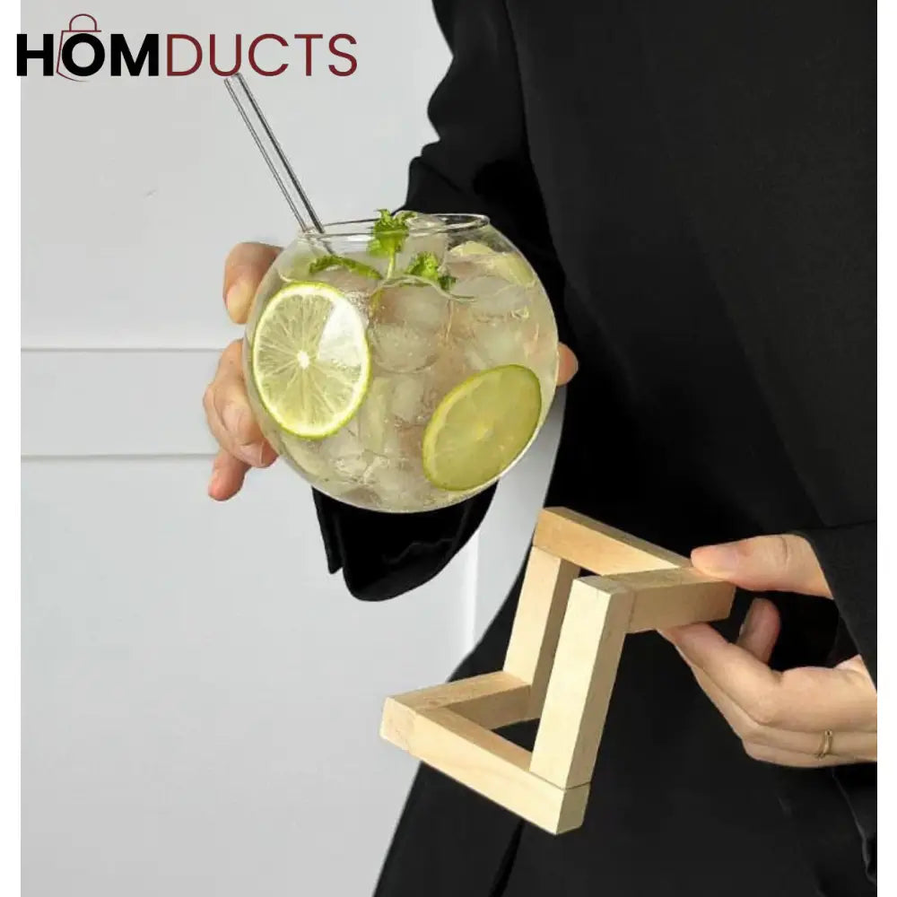 Wooden Stand Round Glass Tumbler - Elegant Cocktail Glassware