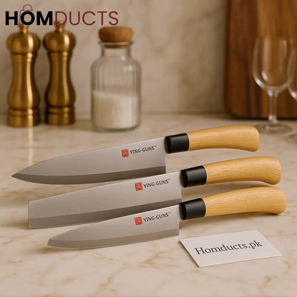 Ying Guns Premium 3-Piece Stainless Steel Kitchen Knife Set – Ultra-Sharp Chef Knives with Wooden Handles